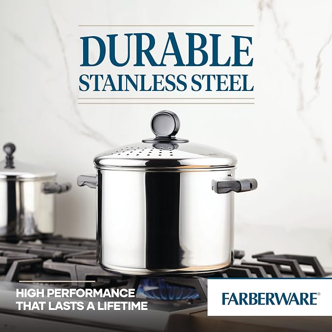 Farberware Classic Series Stainless Steel Stockpot, Pasta Pot with Strainer Lid, 8-Quart