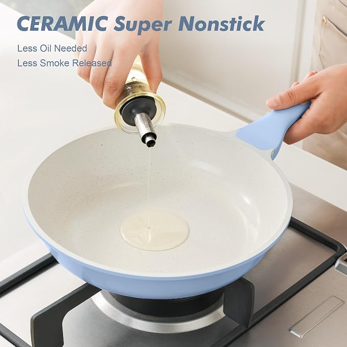 SENSARTE 11Inch Nonstick Ceramic Frying Pan with Lid, PFAS/PTFE Free, Blue | Ceramic Omelette Pan Skillet, Healthy Non-toxic Chef's Pan, Induction Compatible Pan, Heat Resistant Handle