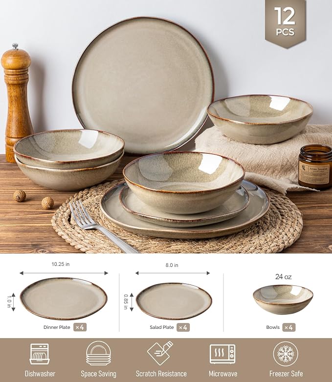 GBHOME Stoneware Dinnerware Sets for 4,12 Piece Rustic Plates and Bowls Set | Earthenware Handmade Reactive Glaze Plate Sets, Chip Resistant Ceramic Dishes, Microwave & Dishwasher Safe, Driftwood Taupe