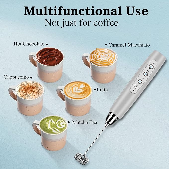 Milk Frother Wand Rechargeable Handheld Whisk Coffee 3 Speed Adjustable | Electric Whisk Drink Mixer with Stainless 3 Whisks Hand Frother , Foam Maker for Latte Cappuccino Matcha Egg Silver