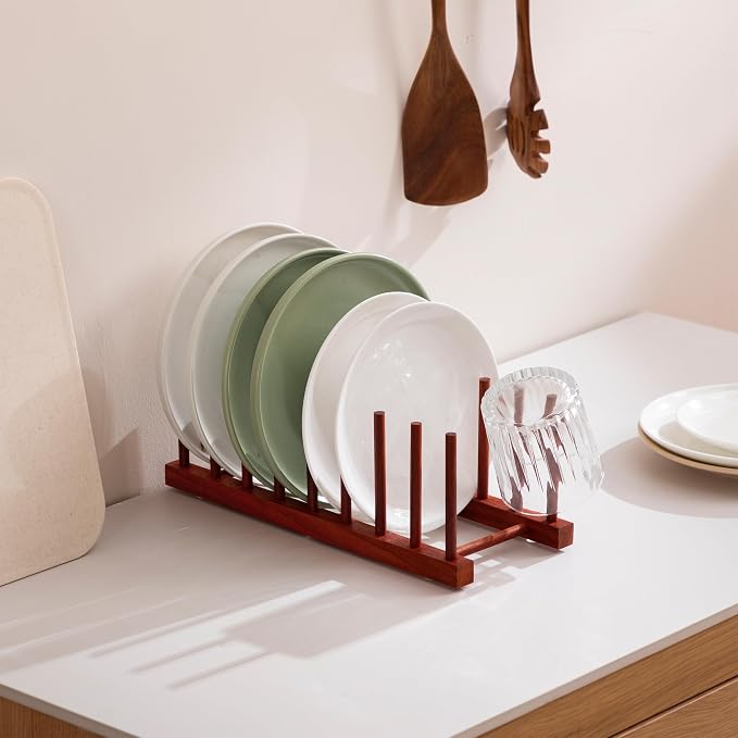 HBlife 4 Packs Rosewood Wooden Dish Drying Rack Plate Organizer for Cabinet | 8 Slots, Home and Kitchen Organizer, For Cups, Bowls, Pots, Lids, Cutting Boards & Plates, Space-Saving for Cabinets Counters