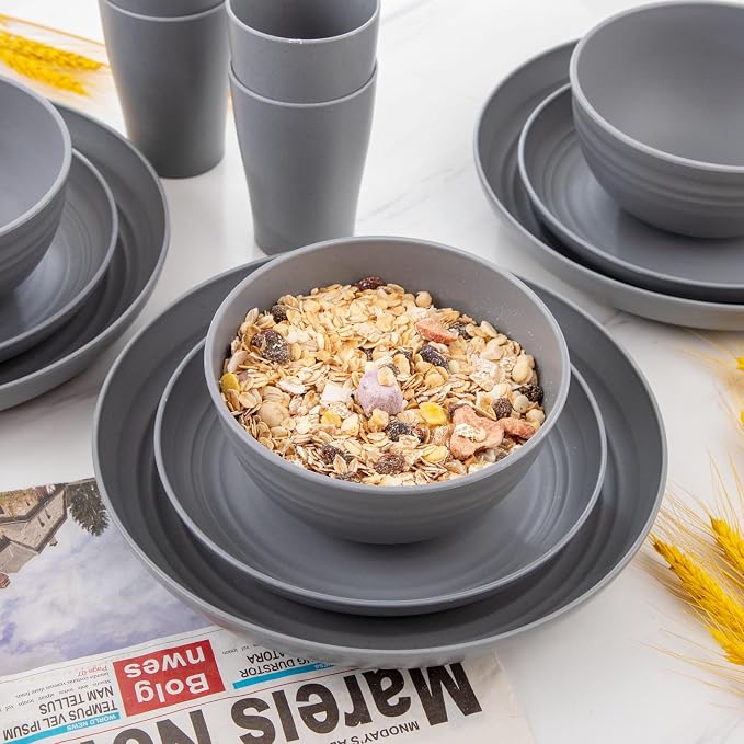 32 Pcs Dark Grey Wheat Straw Dinnerware Sets For RV And Dorm Room | Unbreakable Reusable Plastic Plates And Bowls Sets Feature Light Weight Design For Outdoor Camping And Everyday Dining