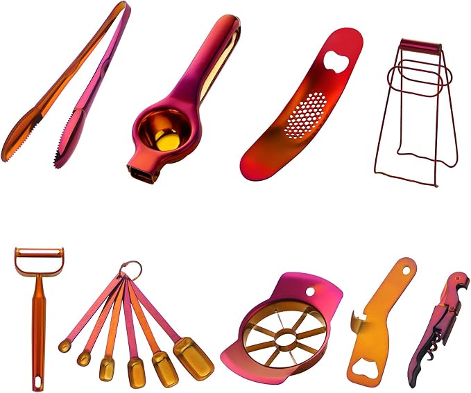 Orange Garlic Press Bottler Wine Opener Measuring Spoons Lemon Squeezer Vegetable Peeler Apple Cutter Kitchen Tongs Hot Plate Gripper Ice Tongs Kitchen Accessories Tools Set, Dish Washer Safe