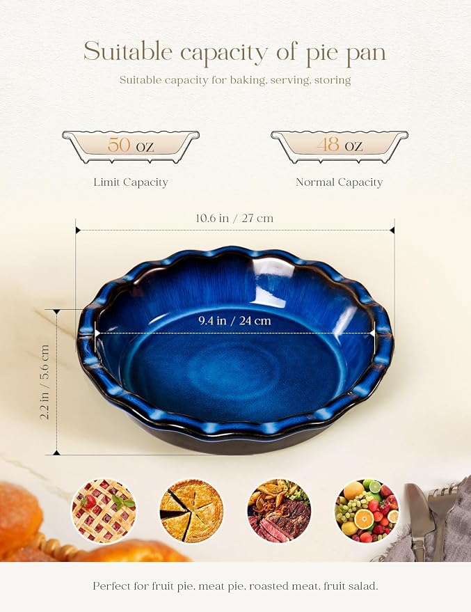 Pie Pan for Baking 9 Inch Ceramic Pie Dish for Apple Pie, Quiche, 48oz Blue | Non-Stick Dishwasher & Oven Safe, Great for Kitchen Decor