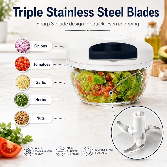 Pull String Food Chopper, 500 mL Manual Vegetable Cutter | Manual Pull-String Chopper 500 mL / 2.1 Cup Capacity Great for Salsa & Guacamole Compact & Easy to Store