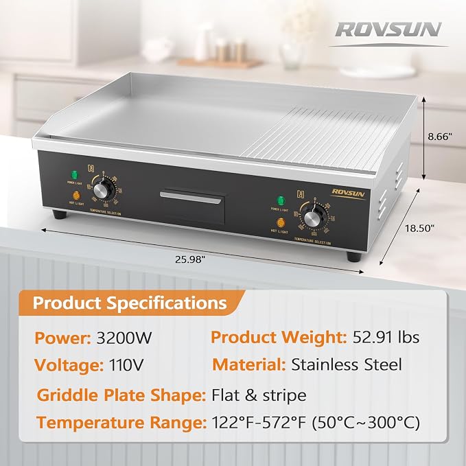 ROVSUN 26" Electric Griddle, Electric Countertop Half Flat Top Griddle, 3200W Grill Stainless Steel with Adjustable Temperature Control 122°F-572°F for Commercial Home Restaurant, Plug