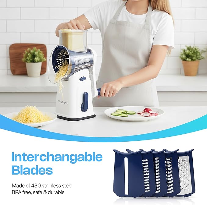 Rotary Cheese Grater Hand Crank, 5 Blade Shredder with Suction Base | Suction Base Locks to Counter, Stainless Blades, Hand Held Cheese Grinder with Handle for Veggies, Nuts & Hard Cheese