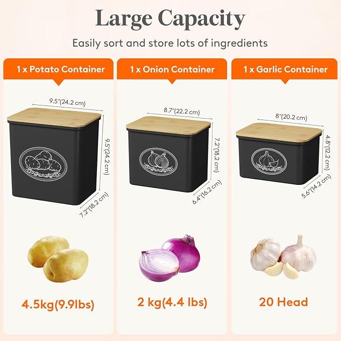 Lifewit Plastic Potato and Onion Storage Bin Box, Set of 3, Black | Stackable Garlic Keeper, Vegetable Container Box, Aerating Holes & Lid for Pantry Countertop