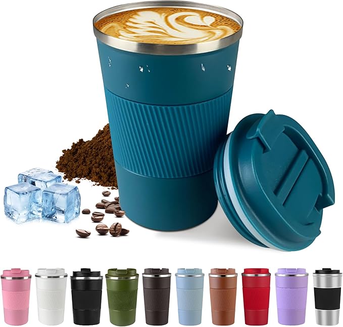 Vacuum Insulated Stainless Steel Travel Coffee Mug, Leak Proof Cup with Lid | 304 stainless steel mug with vacuum insulation, leak proof lid, silicone grip and car cup holder friendly design
