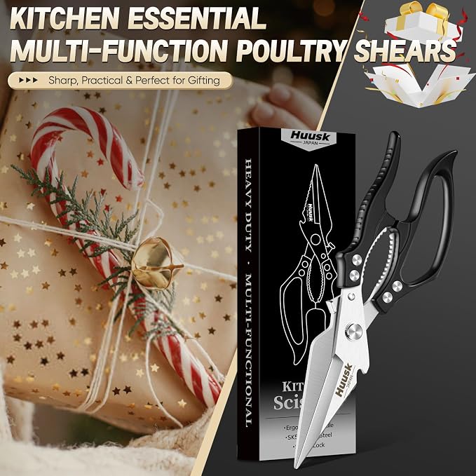 Huusk Kitchen Scissors All Purpose, Multifunction Poultry Shears Heavy Duty | Japanese SK5 Steel Kitchen Shears for Meat, Fish, Chicken Bones, Turkey, Ergonomic Non-Slip Black Handle, Gifts for Women