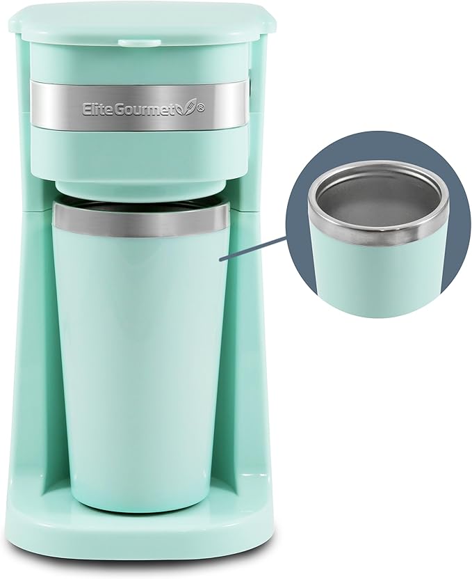 Elite Gourmet EHC113M Personal Single-Serve Compact Coffee Maker, Mint | Includes 14oz stainless steel interior thermal travel mug, reusable filter - compatible with coffee grounds