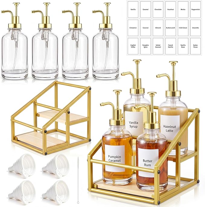 Coffee Bar Accessories, 4 Pack 16.9oz/500ml Coffee Syrup Dispenser with 1/4oz Pump, 2-tier Syrup Rack Organizer, Labels, Straw Brushes, Funnels for Kitchen Countertop, Wine, Dressing Storage