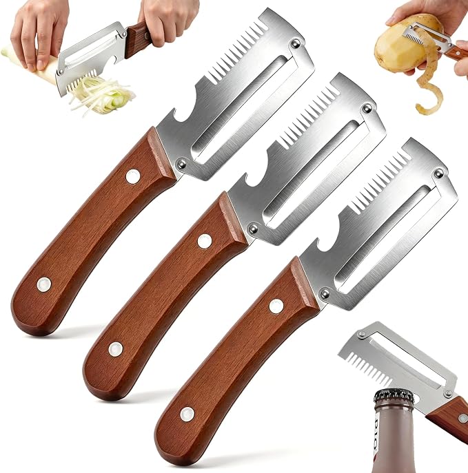Vegetable Peeler with Wooden Handle, 3-in-1 Stainless Steel Julienne Peelers for Kitchen, Scallion Shredder & Built-in Bottle Opener, Fruit Potato Carrot Pumpkin Peeling Tool, 3 Pack