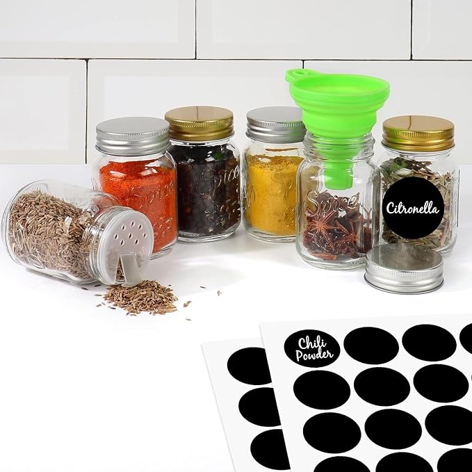 CycleMore 30 Pack 4oz Round Glass Spice Jars with Shaker Lids & Metal Caps | Durable Vintage-Style Glass. Ideal for Spice Organizing & Baking, Includes 80 labels, Collapsible Funnel, Brush & Pen