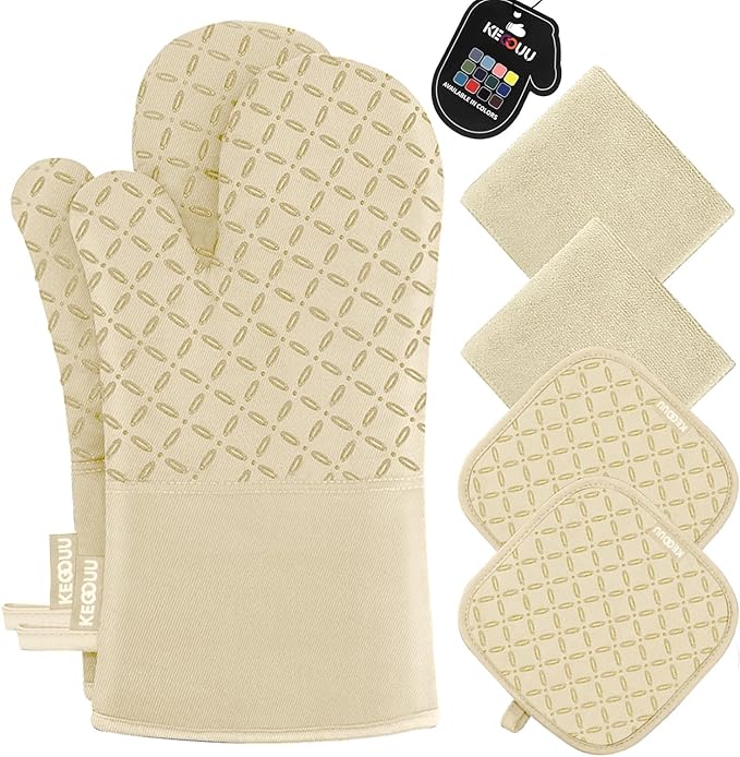 KEGOUU Oven Mitts and Pot Holders 6pcs Set, Kitchen Oven Glove High Heat Resistant 500 Degree Extra Long Oven Mitts and Potholder with Non-Slip Silicone Surface for Cooking (Beige)