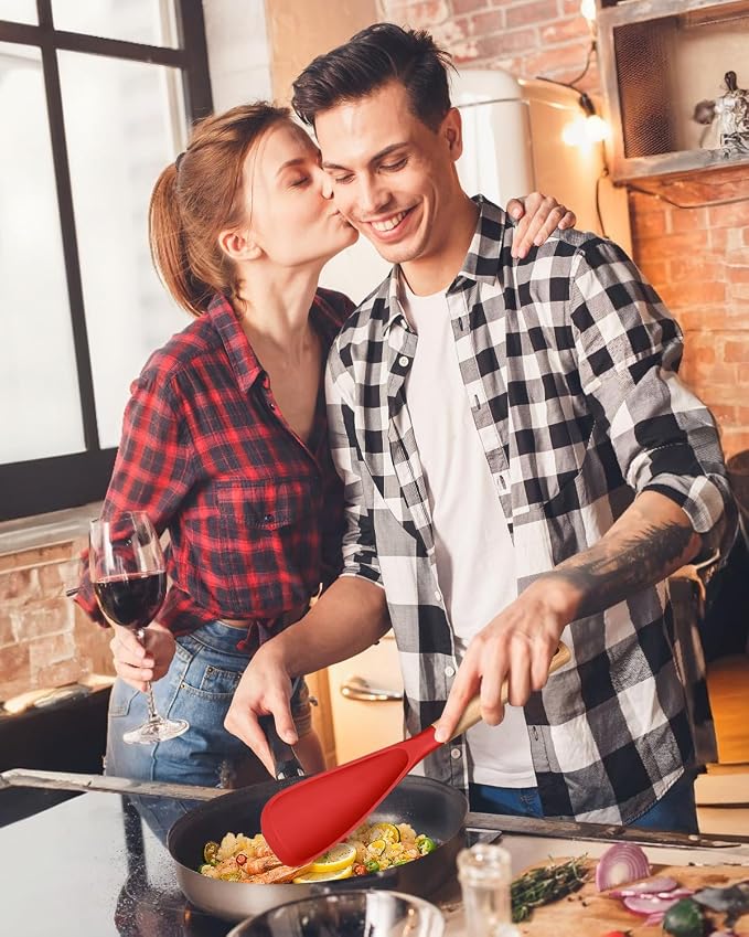 Multifunction Cooking Spoons for Nonstick Cookware,11.4"&13.4", Red | Great for Cooking and Serving, Sturdy BPA-Free Matte Silicone, Wood Handle spoonula for Mixing, Scoop, and Scrape