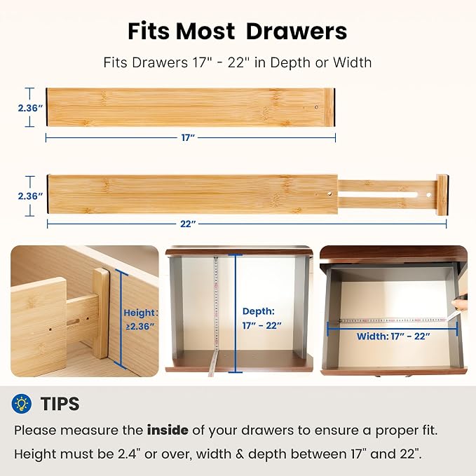 4 Pack 2.36" Bamboo Drawer Dividers, 17-22" Expandable Kitchen Organizers | Adjustable Spring-Loaded Tension Separators with Foam Pad for Clothes, Utensils, Kitchen, Dresser, Nursery & Bathroom
