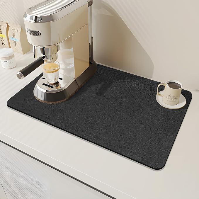 Findosom Dish Drying Mat, 17"x 32" Super Absorbent & Hide Stain Coffee Mat, Cuttable Drying Mat for Kitchen Counter, Coffee Bar Accessories, Under Dish Rack, Coffee Maker, Espresso Machine, Black-2