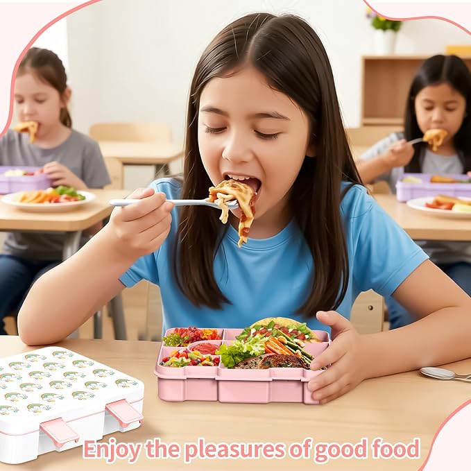 Bento Lunch Box for Kids, Leak-Proof 5-Compartment Cute Lunchbox for Boys Girls, Drop-Proof, Food Container Microwave & Dishwasher Safe, Back to School Supplies for Ages 3 to 7, White/Rainbow