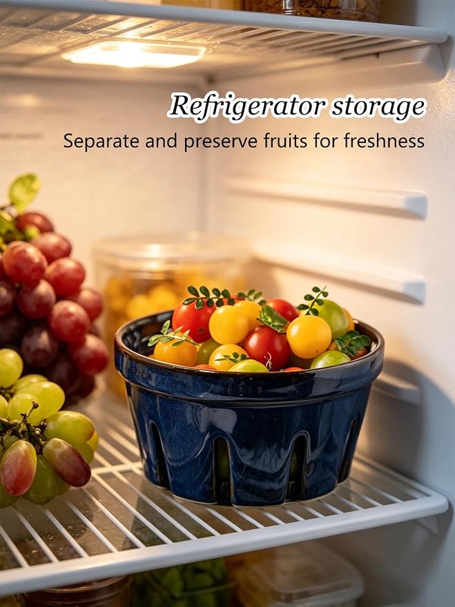 Gomakren Ceramic Berry Basket Set of 2, Fruit Bowl with Holes, Cobalt Blue | Drain Holes Keep Berries Fresh, Stackable Space-Saving, Dishwasher Safe, Versatile Fruit Serving & Farmhouse Kitchen Decor