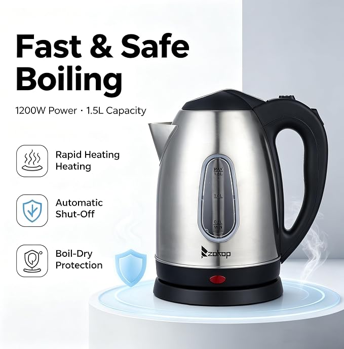 Stainless Steel Kettle Tea Kettle 1.5 Liter, Water Level Indicator 1200 Watts Fast Boiling, 360° Swivel Base Bpa Free, Auto-Shutoff and Boil-Dry Protection, for Tea and Coffee