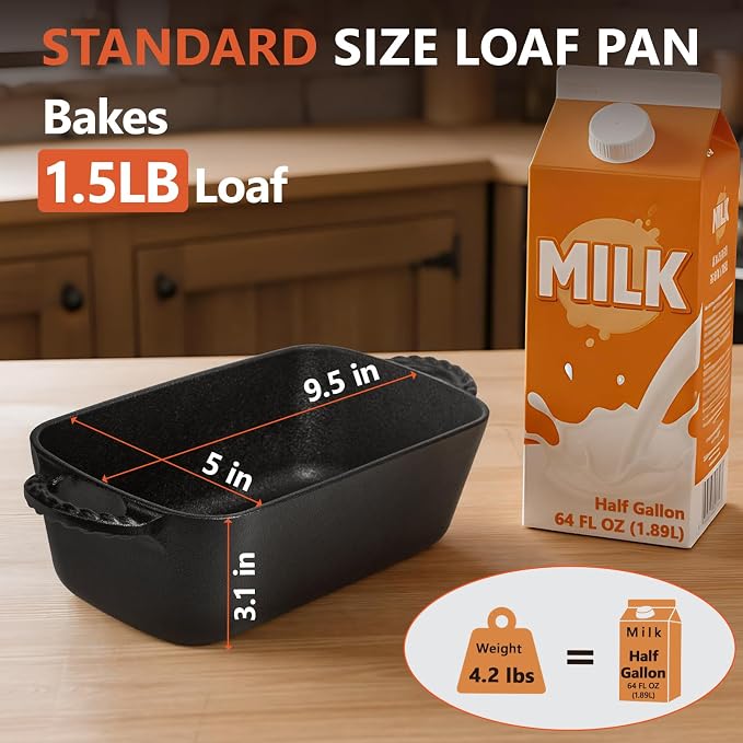 Cast Iron Loaf Pan 9.5x5 Inch, Pre-Seasoned Bread Baking Pan | Crispy Golden Crusts, Even Heat Distribution, Oven Mitts & Recipe Book Included, No Lid