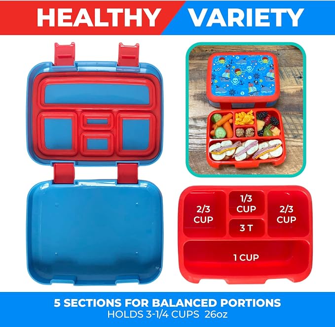 kinsho Bento Lunch Box Container for Kids, Boys Age 3 to 5, Blue Pirates | 5 Portion Sections, BPA-Free Spill-Proof Leakproof Removable Plastic Tray, Snacks and Lunches for Toddlers Pre-School Daycare