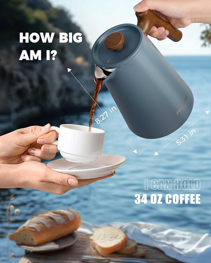 POLIVIAR French Press Coffee Maker, 34 oz | Real Wood Handle, Double Wall Insulation, Dual-Filter Screen, Food Grade Stainless Steel, For Coffee and Tea, Blue