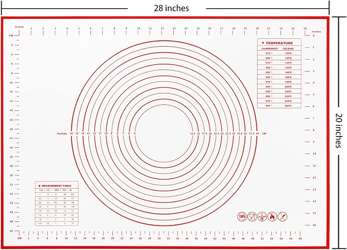 Yansumi silicone pastry non stick baking mat with measurement fondant mat with three sizes for silicone baking mat, counter mat, dough rolling mat,fondant/pie crust mat (Red, 28"L x20"W)