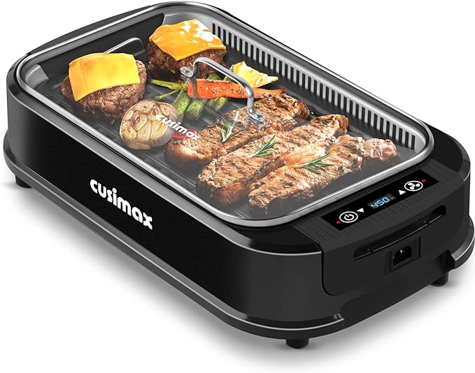 Smokeless Grill Indoor, CUSIMAX Electric Grill, 1500W Indoor Grill, Black | Portable Korean BBQ Grill with Smart LED Display & Tempered Glass Lid, Non-stick Removable Plate, Dishwasher Safe