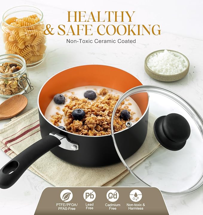 MICHELANGELO Ceramic Saucepan Set 1.5QT & 2QT & 3QT Nonstick Sauce Pans, PFAS-FREE Saucepan with Lid, Copper Saucepans Set of 3, Multipurpose Small Sauce Pot, Non Stick Sauce Pots, Dishwasher Safe
