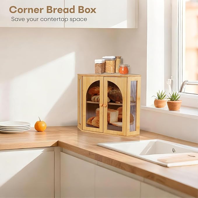 Corner Bread Box for Kitchen Countertop,Double Layer Bread Holder | 3 Adjustable Height, Large Capacity, Magnetic Acrylic Door, Bamboo Bread Storage Container for Homemade Bread, Natural