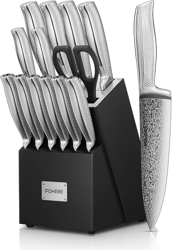 Knife Set, FOHERE 14 Pieces Kitchen Knife Set with Built-in 5 x Sharpeners, Waved Texture Knife Set with Block, Stainless Steel Knife Block Set, Sharp Knives Set with Ergonomic Handle