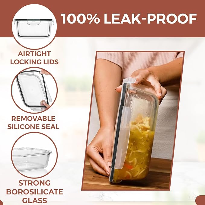 Razab 6.5 Cups / 52 Oz 4 Piece (2 Containers + 2 Lids) Glass Food Storage Containers Set with Airtight Locking Lids - For Storing, Baking & Serving BPA Free, Leakproof - Microwave, Freezer & Oven Safe
