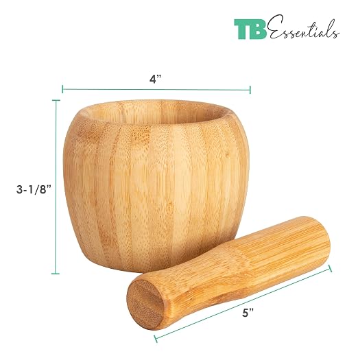 TB Essentials Bamboo Mortar and Pestle Set, 6.75 Ounce Capacity, Perfect for Guacamole, Pesto, Salad Dressing and More