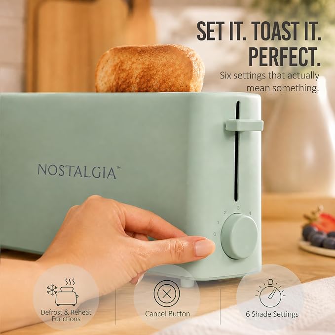 Nostalgia Slim 2-Slice Toaster – Wide Slot – Space-Saving Design – Adjustable Browning Dial – 10-inch Long Slot Fits 2 Slices of Bread or Bagel Halves – Drop-down Crumb Tray – Sage