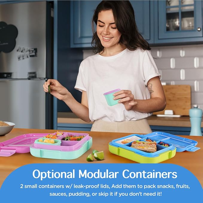 Caperci Bento Box for Kids Age 4-8 - 4.8 Cups Lunch Box with 2 Modular Containers - 4 Compartments Lunch Container, Leak-Proof, Portable Handle, Microwave/Dishwasher Safe (Blue/Juicy Pear)