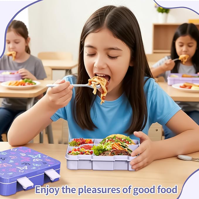 Bento Lunch Box for Kids, Leak-Proof 5-Compartment Cute Lunchbox for Boys Girls, Drop-Proof, Food Container Microwave & Dishwasher Safe, Back to School Supplies for Ages 3 to 7, Purple/Butterfly