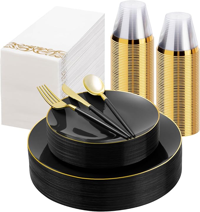 Bestluck 175PCS Black Plastic Dinnerware Set, Black Plastic Plates for 25 Guests, Include 50 Black Gold Plates with 75 Plastic Cutlery, 25 Napkins and 25 Cups