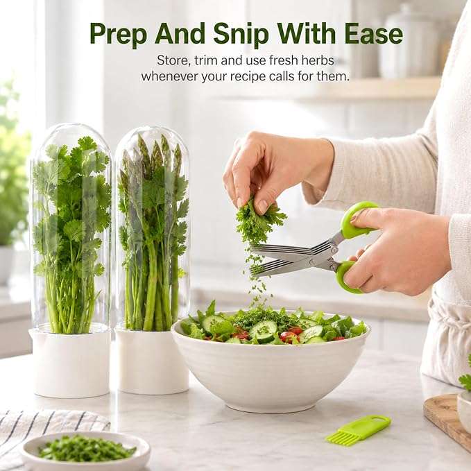3 Pack Herb Keeper for Refrigerator, Vertical Herb Keeper for Fridge with Scissors, Vegetable Preservation Container for Cilantro, Parsley, Mint&Asparagus, Extends Freshness for 2-3 Weeks