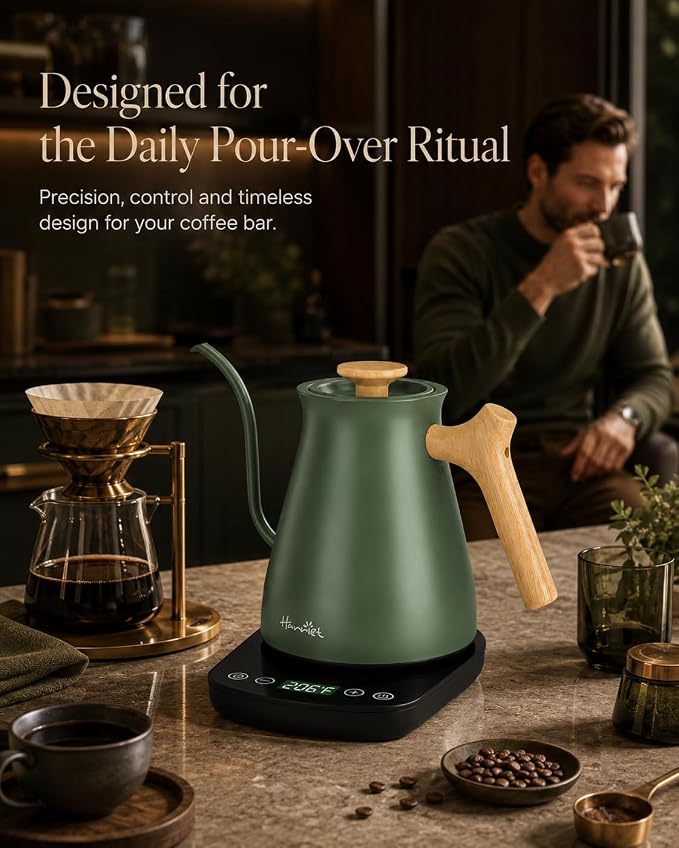 Harriet Gooseneck Electric Kettle, 1°F Control, Brew Time, 0.8L | 120-Min Keep Warm, 104–203°F Control, Built-In Brew Timer, Stainless Steel, Wood-Accent Handle for Pour-Over Coffee