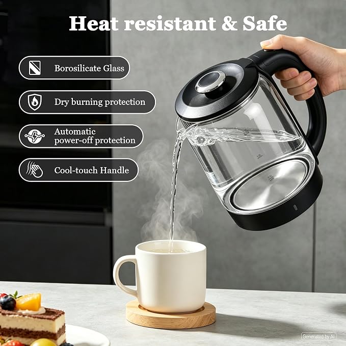 1.8L Glass Electric Kettle for Tea and Coffee | 1000W Rapid Boil Hot Water Kettle, Borosilicate Glass, Auto Shut-Off, BPA Free, Easy Cleaning, Cordless 360°Swivel Base