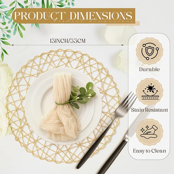 Geosar Round Woven Placemats Bulk Rustic Paper Braided Placemats Boho Natural Non Slip Heat Resistant Table Mats for Wedding Party, Dinner Table Centerpiece Decoration, 13 Inch(White Beige,48 Pcs)