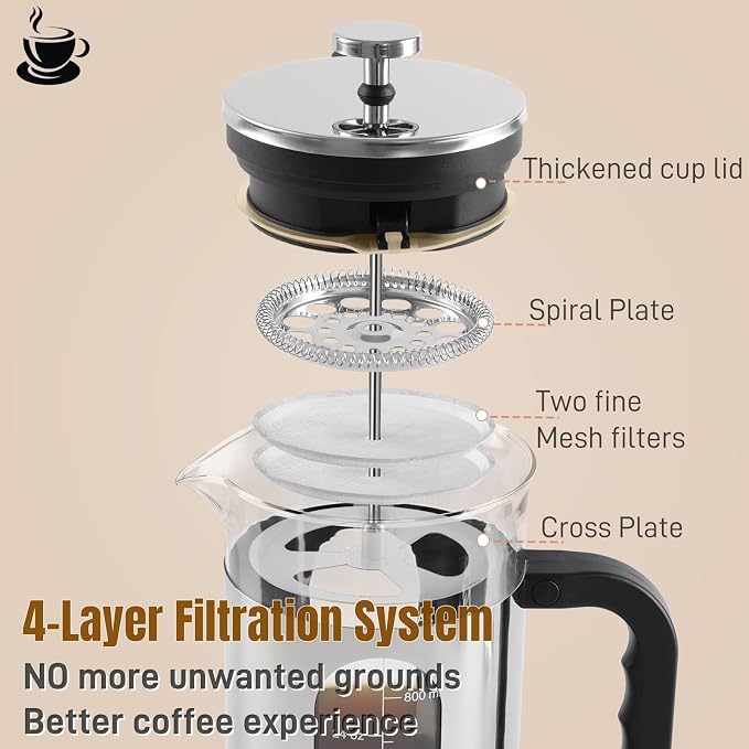 French Press Coffee Maker 34 oz, 1000ml Borosilicate Glass Stainless Steel Coffee Brewer with Reusable Filters Portable Coffee Press for Kitchen Travel Camping
