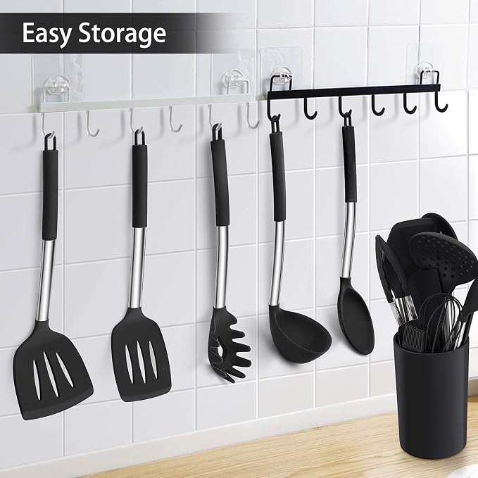 LIANYU 15-Piece Kitchen Cooking Utensils Set with Holder | Silicone Kitchen Tools Stainless Steel Handle, Slotted Spatula Spoon Turner Tong Whisk Brush for Cooking, Black