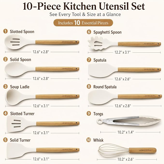 Silicone 10 Pcs Kitchen Cooking Utensils Set, Recycled Materials Certification, BPA Free Spatula Set with Heat Resistant Wood Handles for Nonstick Cookware, Cream White