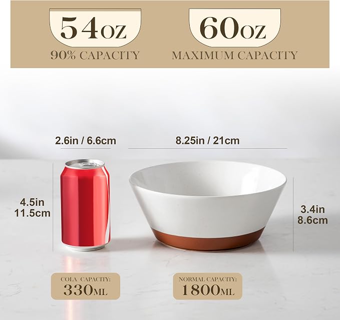 MALACASA Salad Bowls Set of 4, Soup Bowls for Kitchen, 60oz Ceramic Bowl | Large Deep Bowls for Ramen, Cereal, Fruit, Pho and Pasta, Microwave & Dishwasher Safe, Speckled, White & Brown, Series TARA