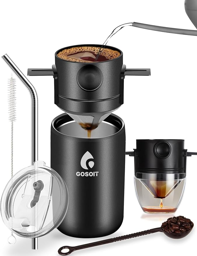 Portable Pour Over Coffee Maker Kits Coffee Filter Mug Coffee Drippers Cup Bottle Includ Straw Cleaning Brush and Spoon for Home Office,Travel, Camping 20Oz