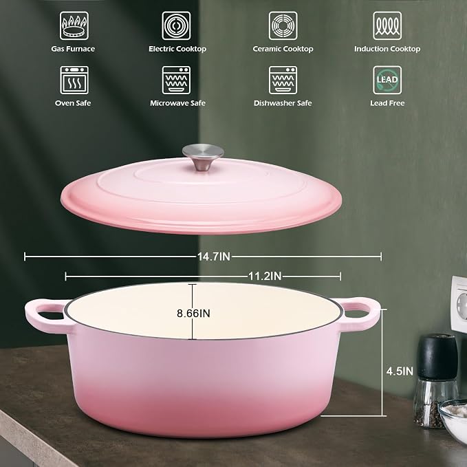 7 Quart Oval Dutch Oven with Lid, Leonyo 7QT Enameled Oval Cast Iron Dutch Oven for Sourdough Bread Breaking, Heavy Duty Cookware for Braising, Stews, Roasting, Pink