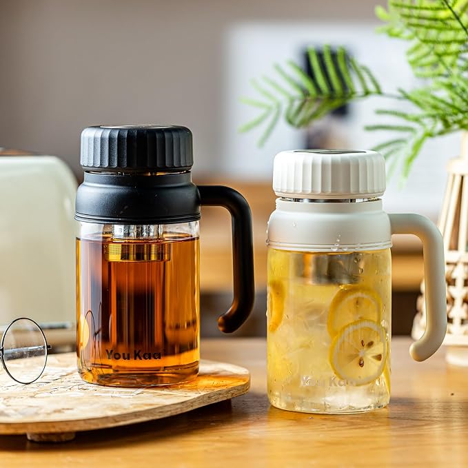32oz Tea Infuser Bottle - Large Glass Water Bottle with Removable Infuser for Loose Leaf Tea & Fruit, Leakproof, Lead-free, Wide Mouth for Easy Cleaning - Handle for Hot & Cold Beverages (Black+White)